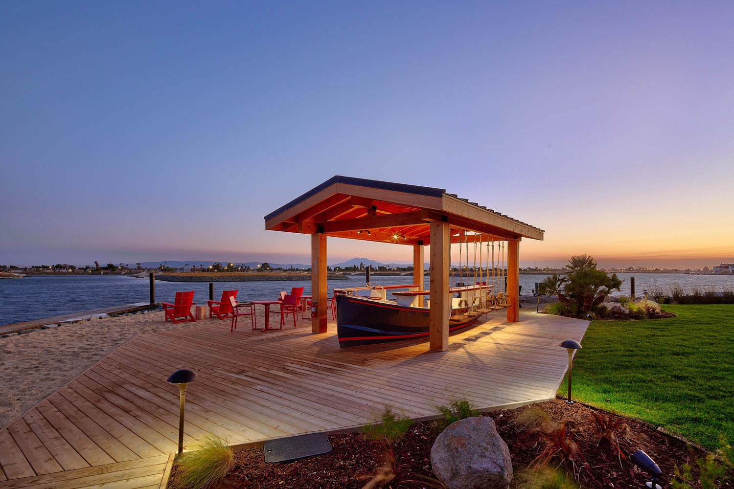 island camp boat dock and beach